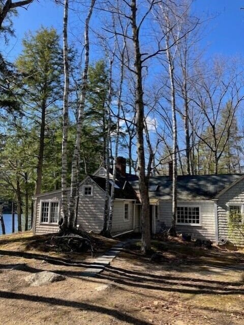 Cozy lakeside cottage tucked among birch trees, offering a peaceful woodland retreat in a serene natural setting.