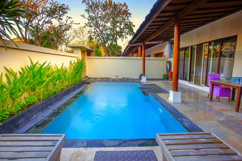 Outdoor pool, pool umbrellas, sun loungers