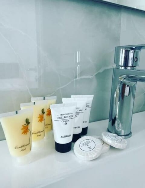 Shower, towels, toilet paper