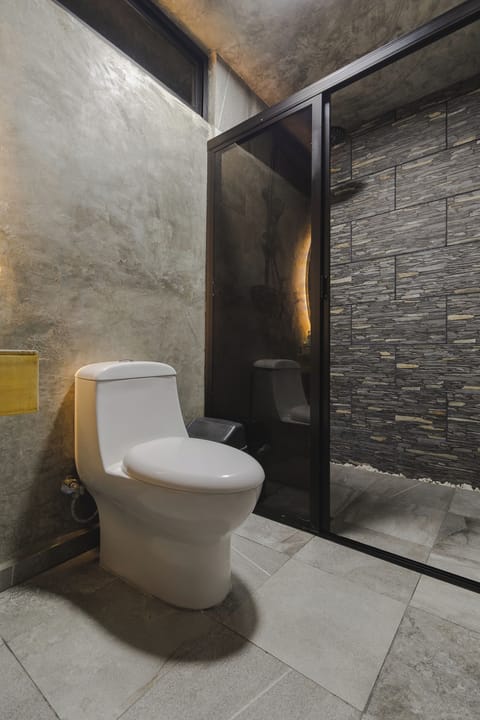 Shower, hydromassage showerhead, towels, soap