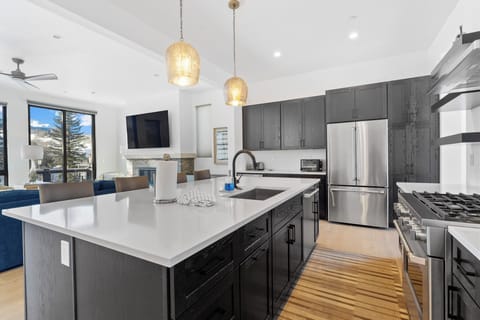 Full kitchen featuring stainless steel appliances, large island, and breakfast bar seating 4 for casual dining.