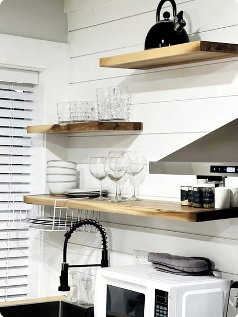 Stylish open shelving in the kitchen.