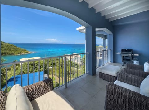 Your covered balcony offers comfortable seating, a BBQ grill, and beautiful views looking out over turquoise blue seas