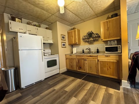 Kitchen with fridge, electric stove/oven, microwave and 4 slice toaster.