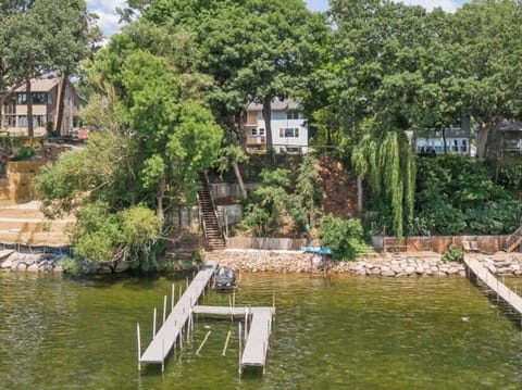 Waterfront property with private dock and stairs leading from tree-lined shore to residential homes above.