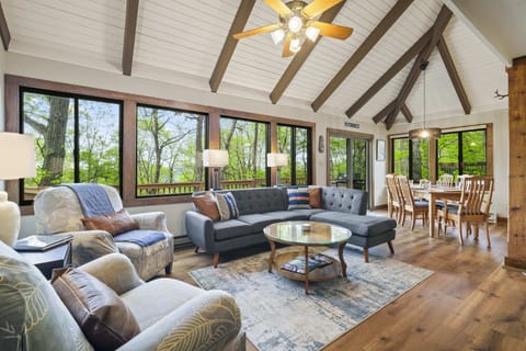 The comfortable living room is stylish and with amazing views