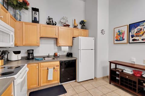 The kitchen has all the expected amenities, such as a blender, toaster, slow cooker, coffee maker, and air fryer.