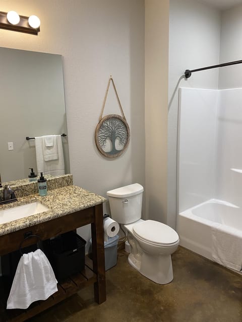 Hair dryer, towels, soap, shampoo