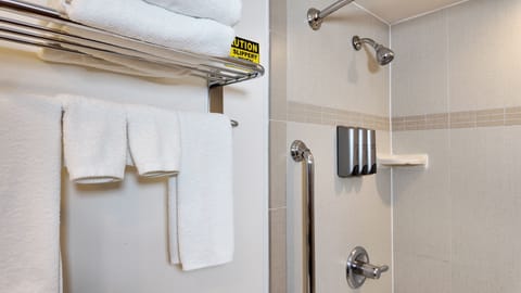 Hair dryer, towels, soap, shampoo