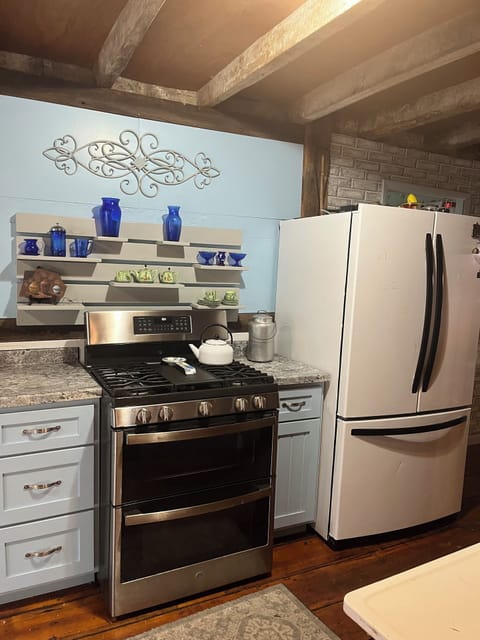 Four burner gas stove with double ovens. Full size fridge with freezer.


