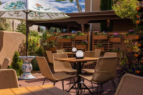 Cozy, vibrant outdoor patio.