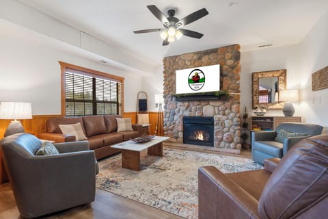 Spacious Living Area with Cable  TV, Seasonal Electric Fireplace, and a Sleeper Sofa.