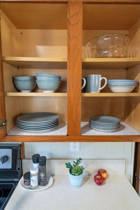 Open shelving with dishes and bowls