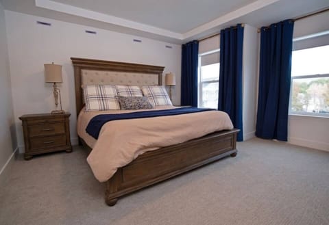 Elegant primary bedroom featuring a king-size upholstered wooden bed, deep blue accent curtains, matching nightstands, and large windows.