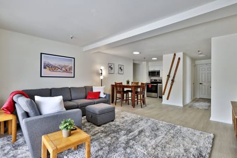 Spacious living room with plenty of seating, an open kitchen and dining area, plus a large plush gray-toned rug.