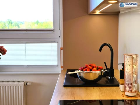 Fridge, stovetop, coffee/tea maker, electric kettle