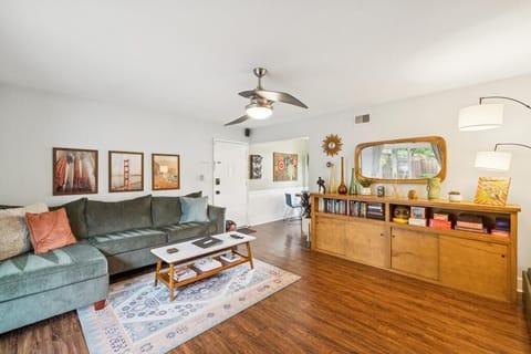 Comfortable living room with stylish 1960s vibe.