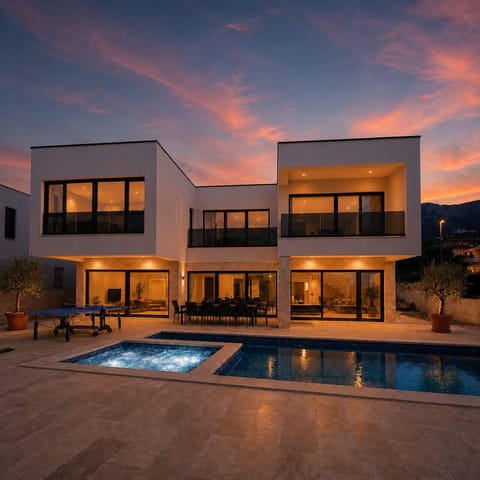 Sunset over Villa Just be Light — pool, whirlpool, and a sky that does the rest.
