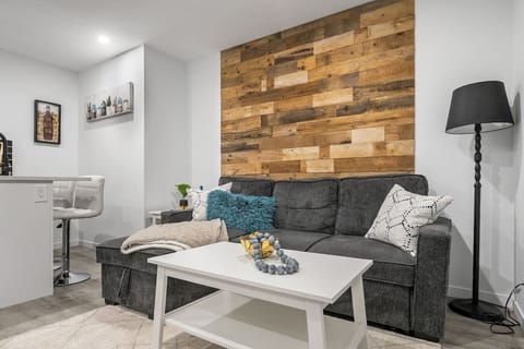 Living room with a 55` Smart/Roku TV and a pull-out sofa bed (bedding included.)