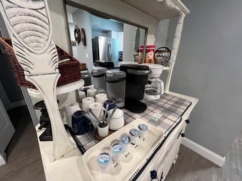 Kurig coffee with milk frother and drip coffee pot! Cream, sugar, coffee, tea