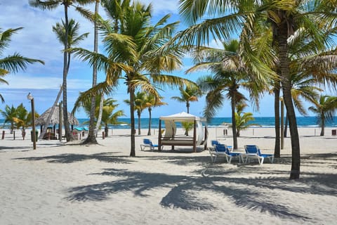 Private beach, white sand, sun loungers, beach umbrellas