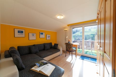Bright living room with balcony and mountain views