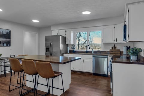 Our kitchen is outfitted with brand new stainless steel appliances. 