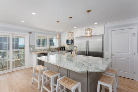 Exotic quartzite, custom professional grade appliances, and well stocked kitchen