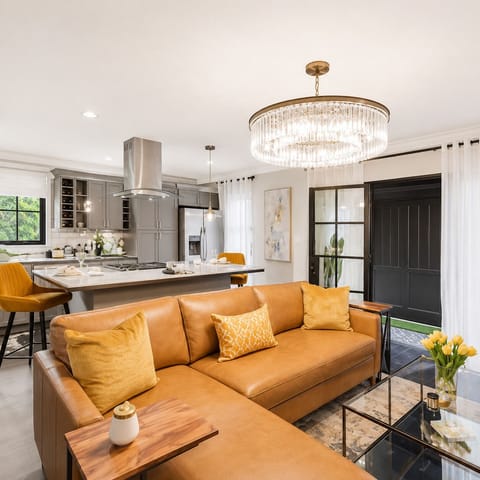 Relax on the comfy leather sectional or unwind in the recliner, both offering great views of the large smart TV—perfect for catching up on your favorite shows.