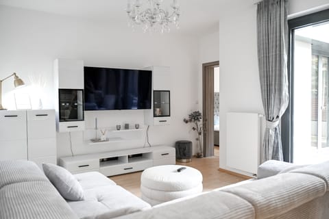 Spacious room with a kitchen, sofa and TV