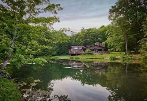 Peaceful pond reflecting the surrounding trees, with a charming cabin tucked away in the distance for a serene escape.