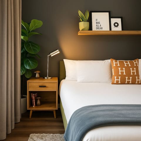 Warm, modern bedroom with soft lighting and boutique hotel vibes.