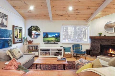 Open living space with fireplace and TV