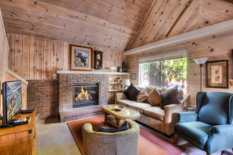 Cozy mountain living room with gas fireplace, flat screen TV