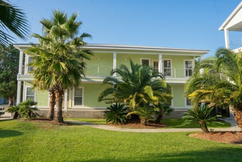 Tropical coastal home with lush palms, balcony, and resort-style curb appeal