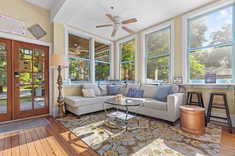 The bright living space adjacent to the gourmet kitchen