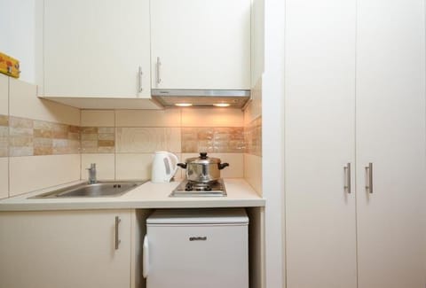 Mini-fridge, stovetop, cookware/dishes/utensils