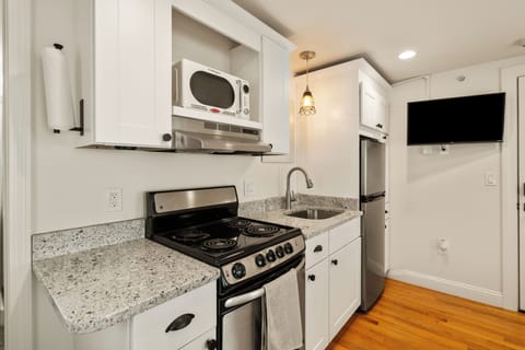 Deluxe Studio Suite | Private kitchen | Fridge, microwave, oven, stovetop