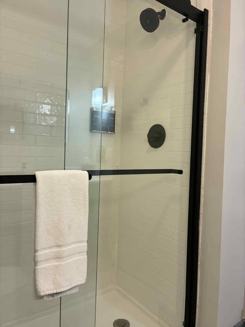 Combined shower/tub, free toiletries, hair dryer, towels