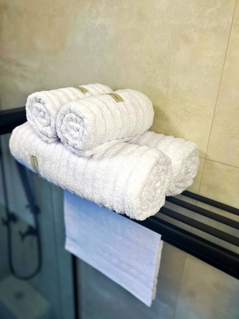 Shower, designer toiletries, hair dryer, slippers