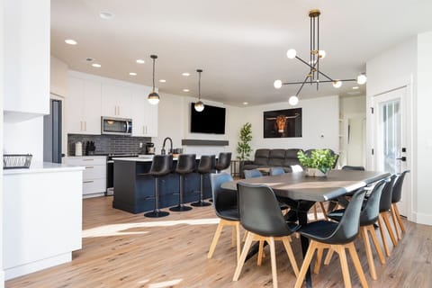 Sophisticated dining area in cool gray tones