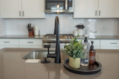 Functional island with deep sink and elegant faucet fixtures.