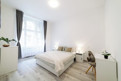 The bedroom is spacious and light