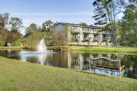 Serene view by the pond with bench seating