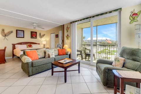 The sleeper sofa in the living area has a queen bed, sleeping up to 2 guests.