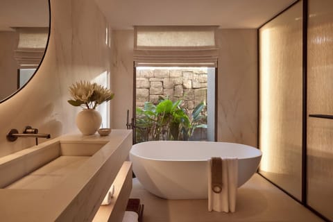 Separate tub and shower, jetted tub, designer toiletries, hair dryer