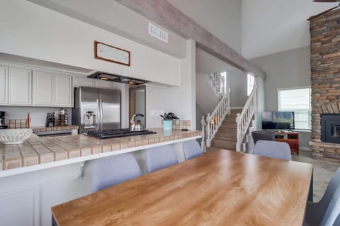 View of the kitchen and living room from the dining area
