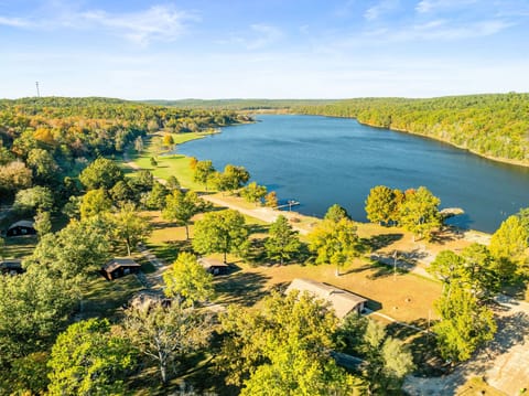 Stunning aerial view of Sunnen Lake, offering endless opportunities for fishing, kayaking, and relaxation.
