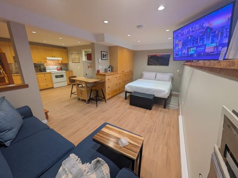 Freshly remodeled, efficient, centrally located bachelor-studio apartment that sleeps 3.  Queen-sized bed, and a comfy twin-sized pull-out sofa.  Full kitchen and bath with all the amenities, including an in-unit washer and dryer.  High-speed wifi, secure