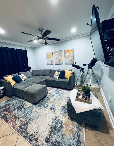     Large modular sectional offers sleeping space for 3 extra guests.